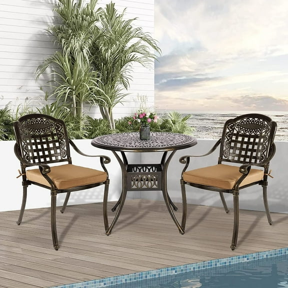 W WARMHOL 3-Piece Outdoor Patio Dining Set, All-Weather Cast Aluminum Patio Furniture Set for Backyard Garden Deck with 2 Cushioned Chairs and 35.2" Round Table, 2" Umbrella Hole