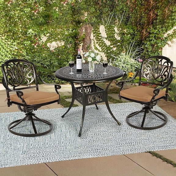 W WARMHOL 3-Piece Outdoor Patio Dining Set, All-Weather Cast Aluminum Patio Furniture Set for Backyard Garden Deck with 2 Swivel Cushioned Chairs and 35.4” Round Table, 2" Umbrella Hole, Khaki