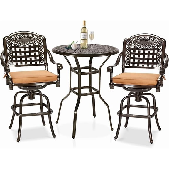 W WARMHOL 3-Piece Patio Swivel Bar Set, High Top Bar Table & Chairs, All-Weather Cast Aluminum Swivel Bar Stools (2) & 35.4" Table, Patio Bistro Set for Garden