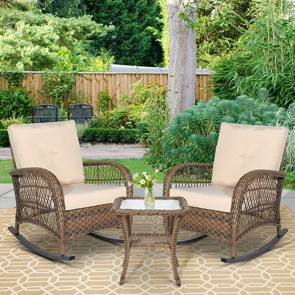 W WARMHOL 3 Pieces Outdoor Patio Bistro Rocking Chair Set, Rattan Patio Rocker Chairs Set with Cushions and Glass-Top Coffee Table, Conversation Bistro Set for Porch & Backyard - Beige