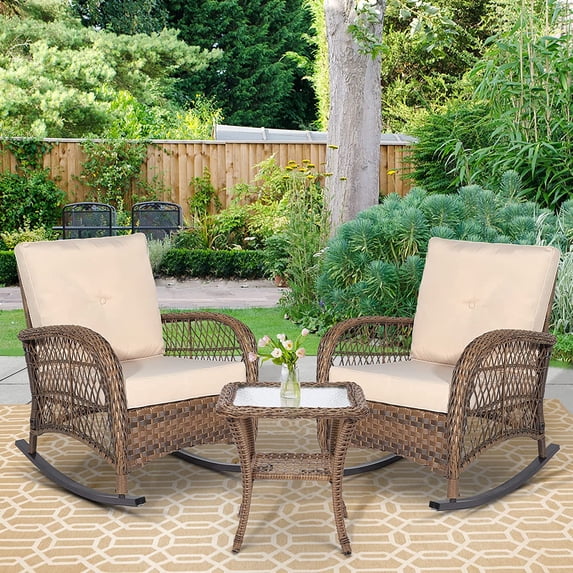 W WARMHOL 3 Pieces Outdoor Patio Bistro Rocking Chair Set, Rattan Rocker Chairs with Beige Cushions and Glass-Top Coffee Table