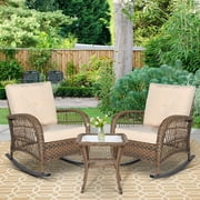 W WARMHOL 3 Pieces Outdoor Patio Bistro Rocking Chair Set, Rattan Patio Rocker Chairs Set with Cushions and Glass-Top Coffee Table, Conversation Bistro Set for Porch & Backyard - Beige