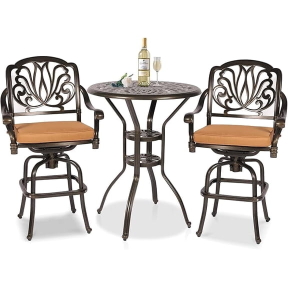 W WARMHOL 3 Pieces Patio Swivel Bar Set, Patio High Top Bar Table and Chairs Set, All-Weather Cast Aluminum High Swivel Bar Stools Chair Set of 2 and 31" Table, Patio Bistro Set for Garden, Balcony