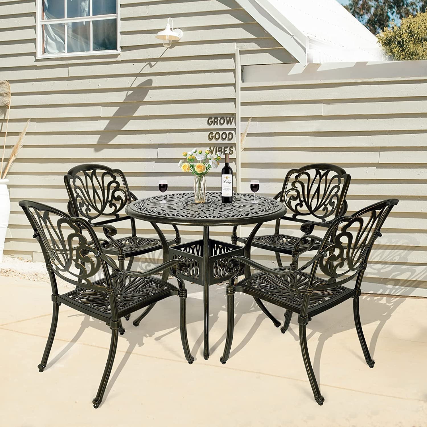 W WARMHOL 5-Piece Outdoor Patio Dining Set, All-Weather Cast Aluminum Patio Furniture Set for Backyard Garden Deck with 4 Chairs and 35.4” Round Table, 2.2" Umbrella Hole