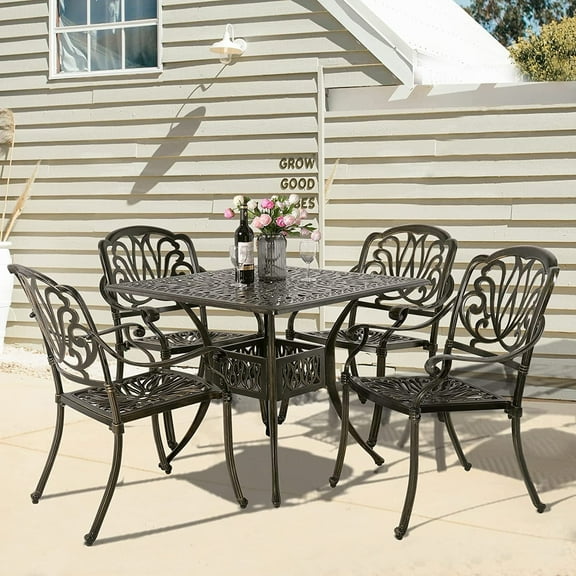 W WARMHOL 5-Piece Outdoor Patio Dining Set, All-Weather Cast Aluminum Patio Furniture Set for Backyard Garden Deck with 4 Chairs and 35.4” Round Table, 2.2" Umbrella Hole