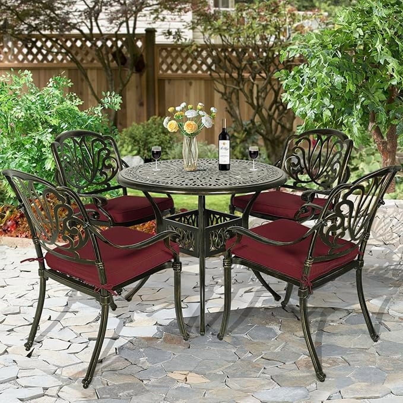 W WARMHOL 5-Piece Outdoor Patio Dining Set, All-Weather Cast Aluminum Patio Furniture Set for Backyard Garden Deck with 4 Chairs, 4 Cushions and 35.4" Round Table, 2" Umbrella Hole, Red