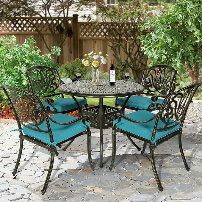 W WARMHOL 5-Piece Outdoor Patio Dining Set, All-Weather Cast Aluminum Patio Furniture Set for Backyard Garden Deck with 4 Chairs, 4 Cushions and 35.4" Round Table, 2" Umbrella Hole, Blue
