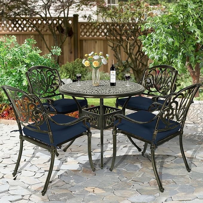 W WARMHOL 5-Piece Outdoor Patio Dining Set, All-Weather Cast Aluminum Patio Furniture Set for Backyard Garden Deck with 4 Chairs, 4 Cushions and 35.4" Round Table, 2" Umbrella Hole, Navy