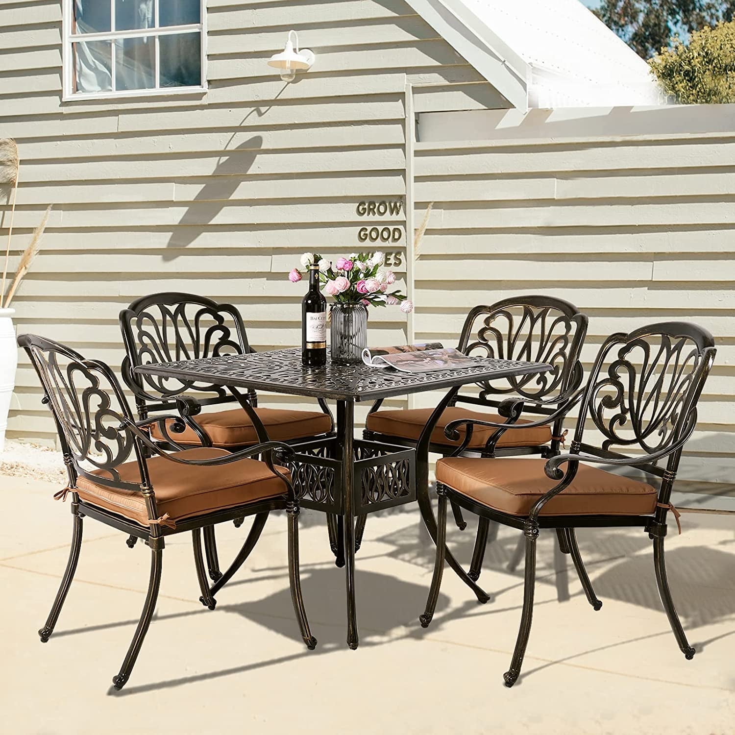 W WARMHOL 5-Piece Outdoor Patio Dining Set, All-Weather Cast Aluminum Patio Furniture Set for Backyard Garden Deck with 4 Chairs, 4 Cushions and 35.4” Square Table, 2.2" Umbrella Hole
