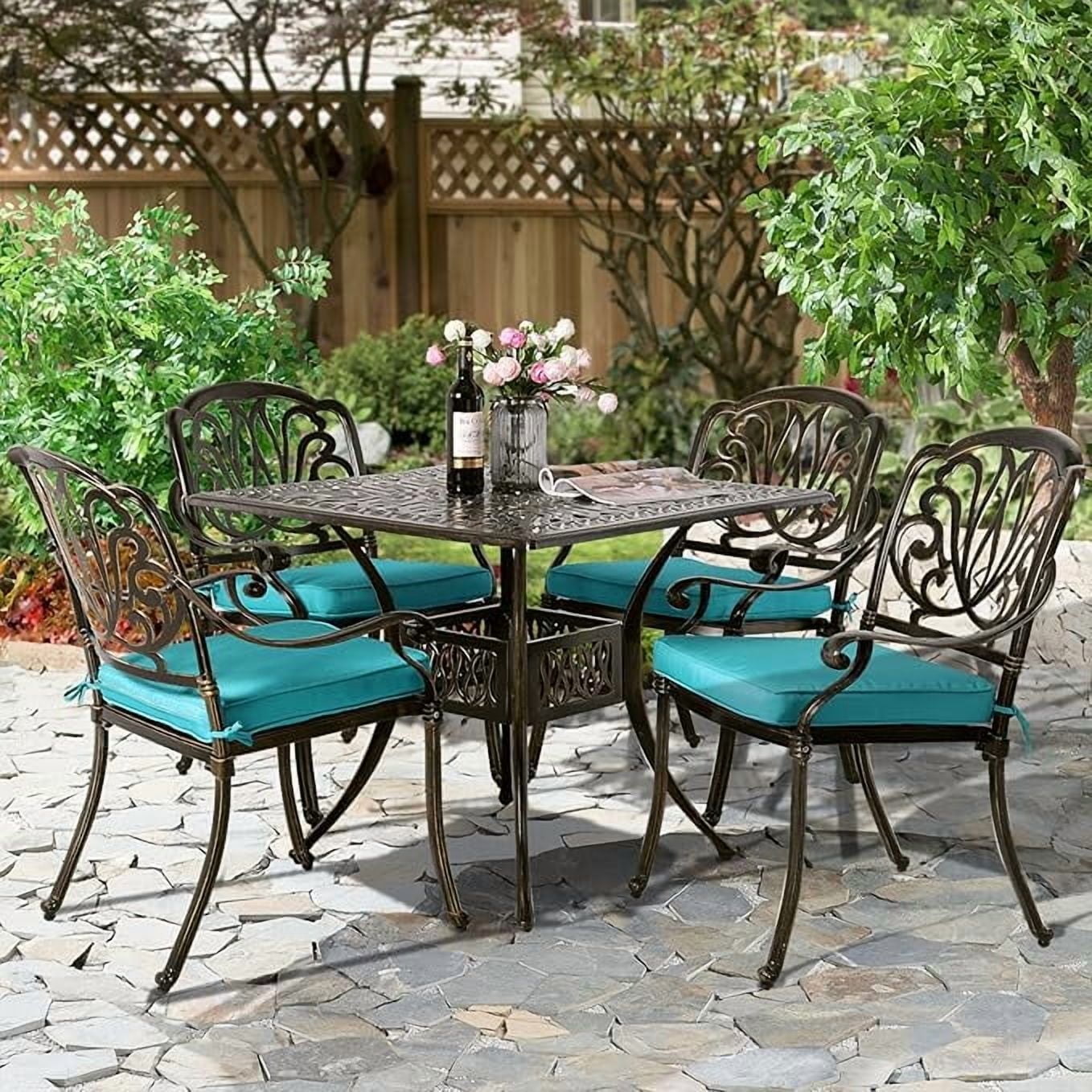 W WARMHOL 5-Piece Outdoor Patio Dining Set, All-Weather Cast Aluminum Patio Furniture Set for Backyard Garden Deck with 4 Chairs, 4 Cushions and 35.4” Square Table, 2.2" Umbrella Hole, Red