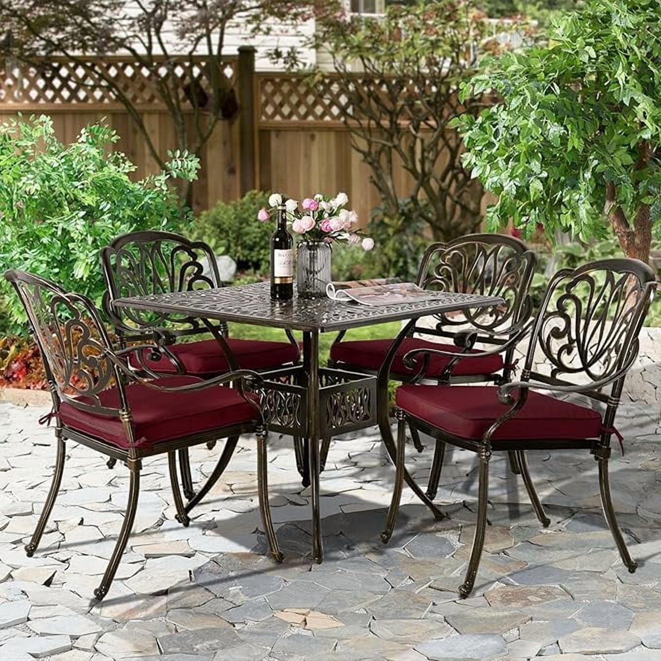 W WARMHOL 5-Piece Outdoor Patio Dining Set, All-Weather Cast Aluminum Patio Furniture Set for Backyard Garden Deck with 4 Chairs, 4 Cushions and 35.4” Square Table, 2.2" Umbrella Hole, Red