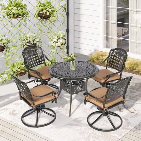 W WARMHOL 5 Piece Patio Dining Set, Outdoor Table and Chairs Set for 4 Cushioned Swivel Rocking Chairs and 35.2" Round Table, All-Weather Cast Aluminum Patio Funiture Set, 2" Umbrella Hole