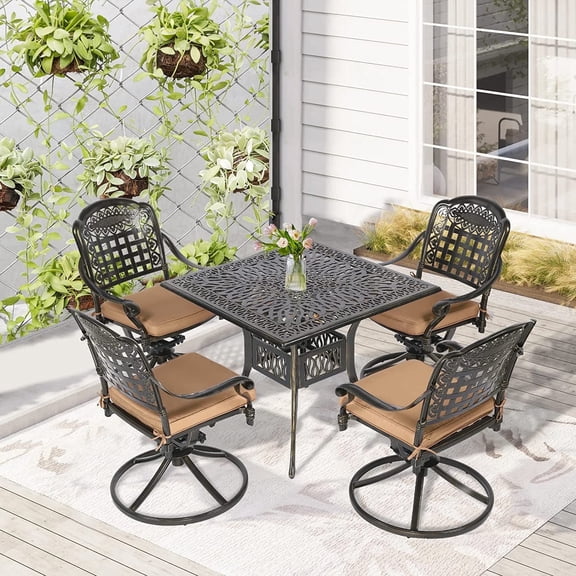 W WARMHOL 5 Piece Patio Dining Set, Outdoor Table and Chairs Set for 4 Cushioned Swivel Rocking Chairs and 35.2" Square Table, All-Weather Cast Aluminum Patio Funiture Set, 2.2" Umbrella Hole