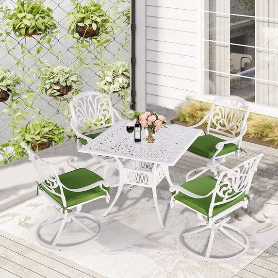 W WARMHOL 5 Piece Patio Dining Set, Outdoor Table and Chairs Set for 4 Cushioned Swivel Rocking Chairs and 35.2" Square Table, All-Weather Cast Aluminum Patio Funiture Set, 2.2" Umbrella Hole, White
