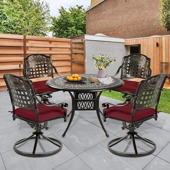 W WARMHOL 5 Piece Patio Dining Set, Outdoor Table and Chairs Set for 4 Cushioned Swivel Rocking Chairs and 35.4'' Round Table, All-Weather Cast Aluminum Patio Furniture Set, 2'' Umbrella Hole, Red