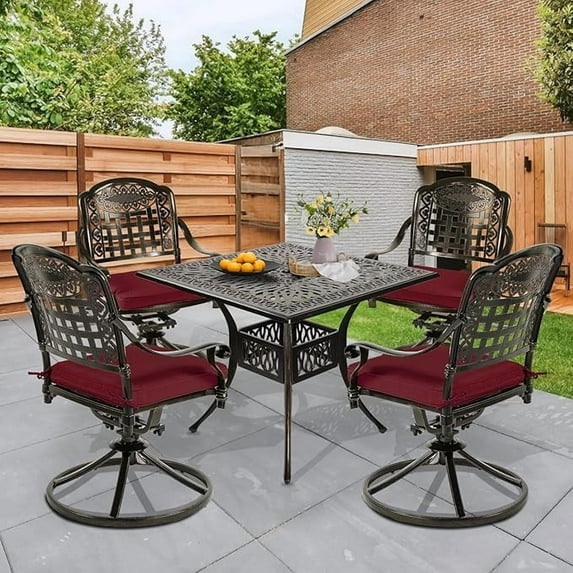 W WARMHOL 5 Piece Patio Dining Set, Outdoor Table and Chairs Set for 4 Cushioned Swivel Rocking Chairs and 35.4'' Square Table, All-Weather Cast Aluminum Patio Furniture Set, 2.2'' Umbrella Hole, Red