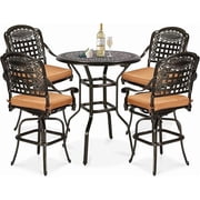 W WARMHOL 5 Pieces Patio Swivel Bar Set, Patio Bar Table and Chairs Set, All-Weather Cast Aluminum Outdoor Swivel Bar Stools of 4 and 35.4 Bar Table, High Top Bistro Set for Deck, Pool, Garden