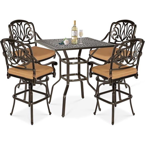 W WARMHOL 5 Pieces Patio Swivel Bar Set, Patio Bar Table and Chairs Set, All-Weather Cast Aluminum Outdoor Swivel Bar Stools of 4 and 35.4" Square Bar Table, High Top Bistro Set for Deck, Garden