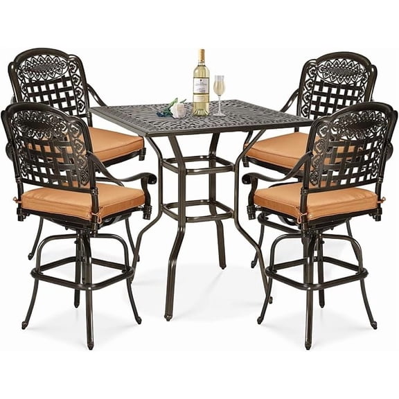 W WARMHOL 5 Pieces Patio Swivel Bar Set, Patio Bar Table and Chairs Set, All-Weather Cast Aluminum Outdoor Swivel Bar Stools of 4 and 35.4" Square Bar Table, High Top Bistro Set for Deck,Garden