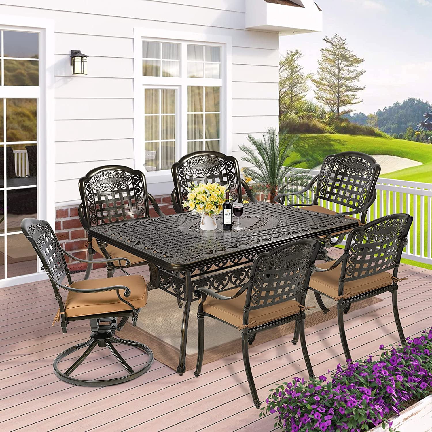 W WARMHOL 7 Piece Outdoor Patio Dining Set 60 Rectangular Cast Aluminum Dining Table with Umbrella Hole and 6 Cushioned Swivel Rocker Chairs Patio