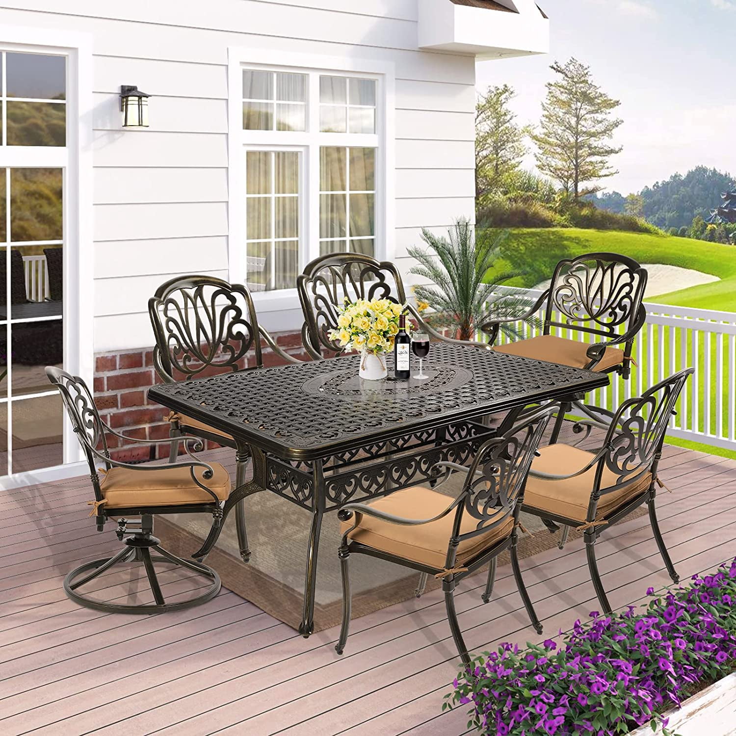 W WARMHOL 7 Piece Outdoor Patio Dining Set 60 Rectangular Cast Aluminum Dining Table with Umbrella Hole and 6 Outdoor Dining Chairs Patio Funiture Set for Backyard Patio Garden Walmart