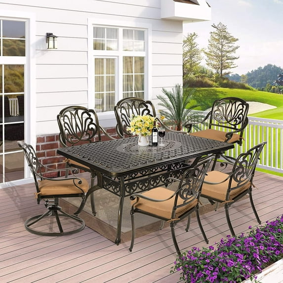 W WARMHOL 7-Piece Outdoor Patio Dining Set, 60” Rectangular Cast Aluminum Dining Table with Umbrella Hole and 4 Stationary, 2 Swivel Rocker Chairs, 6 Cushioned, Backyard, Patio, Garden