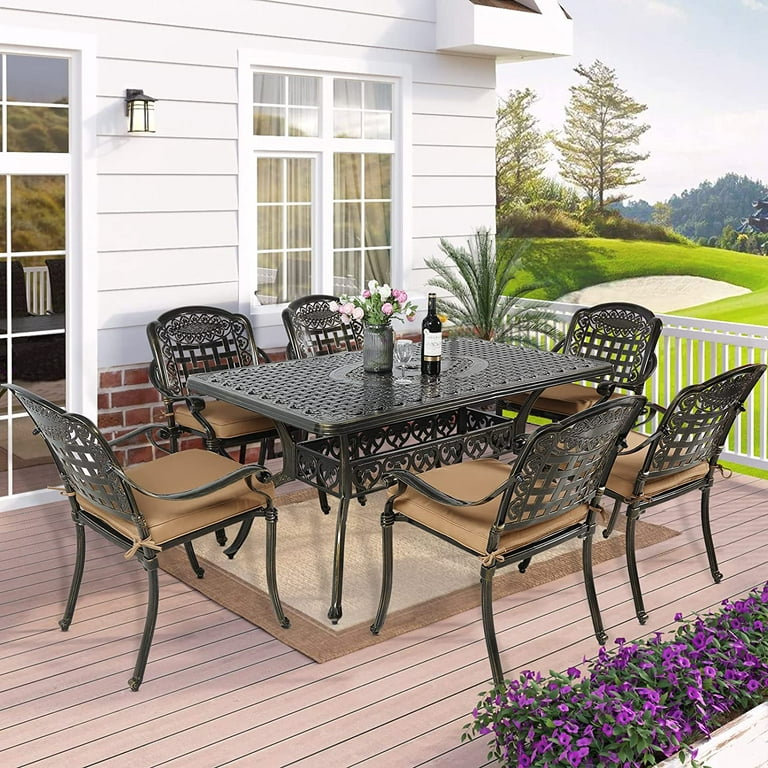 W WARMHOL 7-Piece Outdoor Patio Dining Set, 60” Rectangular Cast Aluminum  Dining Table with Umbrella Hole and 6 Outdoor Dining Cushioned Chairs, Patio  Funiture Set for Backyard, Patio, Garden - Walmart.com