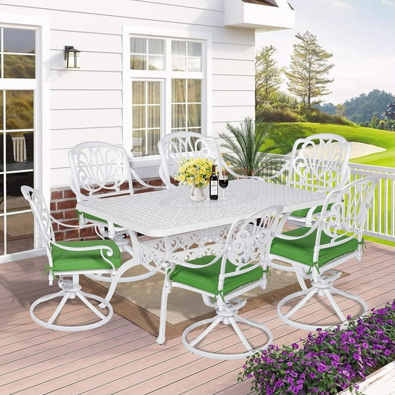 W WARMHOL 7-Piece Outdoor Patio Dining Set, 60" Rectangular Cast Aluminum Dining Table with Umbrella Hole and 6 Cushioned Swivel Rocker Chairs, Patio Funiture Set for Backyard, Patio, Garden, White