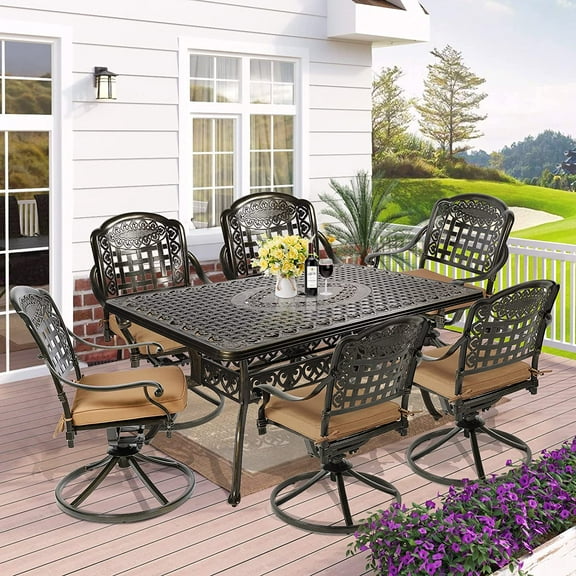 W WARMHOL 7-Piece Outdoor Patio Dining Set, 60” Rectangular Cast Aluminum Dining Table with Umbrella Hole and 6 Cushioned Swivel Rocker Chairs, Patio Funiture Set for Backyard, Patio, Garden
