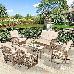 W WARMHOL 7 Pieces Outdoor Wicker Patio Furniture Set, All Weather Patio Conversation Cushioned Sectional Sofa Set with Glider Loveseat/2 Rocking Chairs/2 Rocking Glider/2 Glass Coffee Table