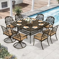 W WARMHOL 9 Piece Outdoor Patio Dining Set for 8, Cast Aluminum Large Square Dining Table & 2 Swivel Rocker Chairs, 6 Stationary, 8 Cushions, Umbrella Hole, Patio Furniture Set for Garden, Khaki