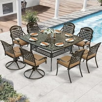 W WARMHOL 9 Piece Outdoor Patio Dining Set for 8, Cast Aluminum Large Square Dining Table & 2 Swivel Rocker Chairs, 6 Stationary, 8 Cushions, Umbrella Hole, Patio Furniture Set for Garden, Khaki