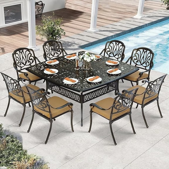 W WARMHOL 9 Piece Outdoor Patio Dining Set for 8, Cast Aluminum Large Square Dining Table & 8 Cushioned Stackable Chairs, Umbrella Hole, Patio Furniture Set for Garden Porch Poolside, Khaki