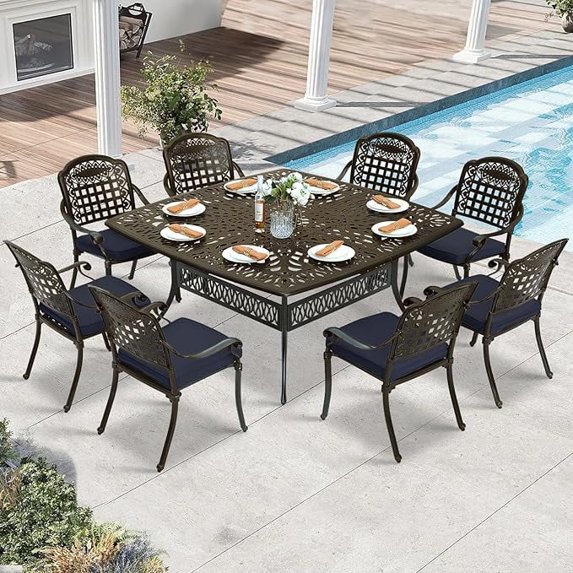 W WARMHOL 9 Piece Outdoor Patio Dining Set for 8, Cast Aluminum Large Square Dining Table & 8 Cushioned Stackable Chairs, Umbrella Hole, Patio Furniture Set for Garden Porch Poolside, Navy Blue