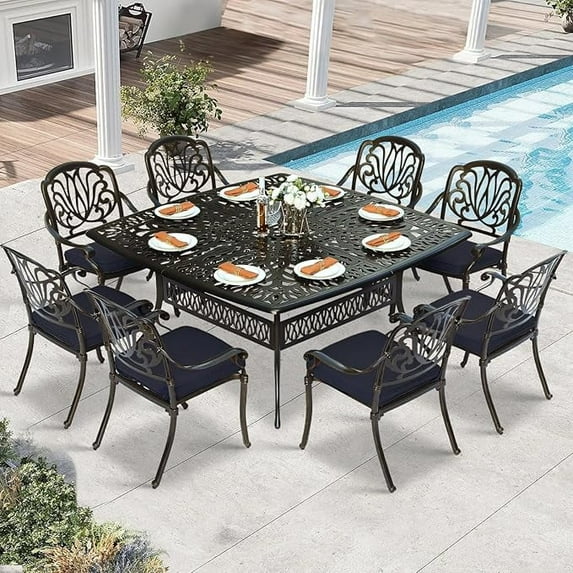 W WARMHOL 9 Piece Outdoor Patio Dining Set for 8, Cast Aluminum Large Square Dining Table & 8 Cushioned Stackable Chairs, Umbrella Hole, Patio Furniture Set for Garden Porch Poolside, Navy Blue