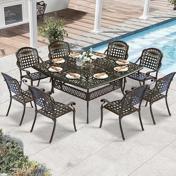 W WARMHOL 9 Piece Outdoor Patio Dining Set for 8, Cast Aluminum Large Square Dining Table & 8 Stackable Chairs, Umbrella Hole, Patio Furniture Set for Garden Porch Poolside, Dark Bronze