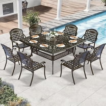 W WARMHOL 9 Piece Outdoor Patio Dining Set for 8, Cast Aluminum Large Square Dining Table & 8 Stackable Chairs, Umbrella Hole, Patio Furniture Set for Garden Porch Poolside, Dark Bronze