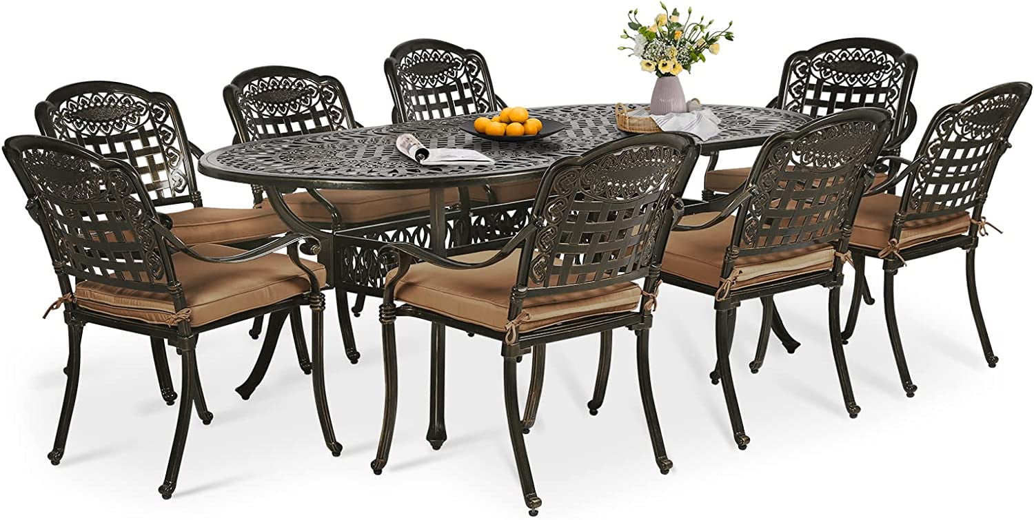 Dark Bronze 9-Piece Cast Aluminum Outdoor Dining Set with Umbrella Hole