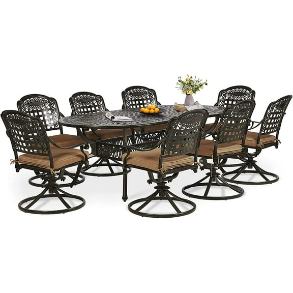 W WARMHOL 9-Piece Patio Dining Set, Outdoor Patio Set of 83.8" Oval Cast Aluminum Dining Table with Umbrella Hole, 8 Patio Dining Swivel Chairs Padded, Patio Funiture Set for Lawn Garden