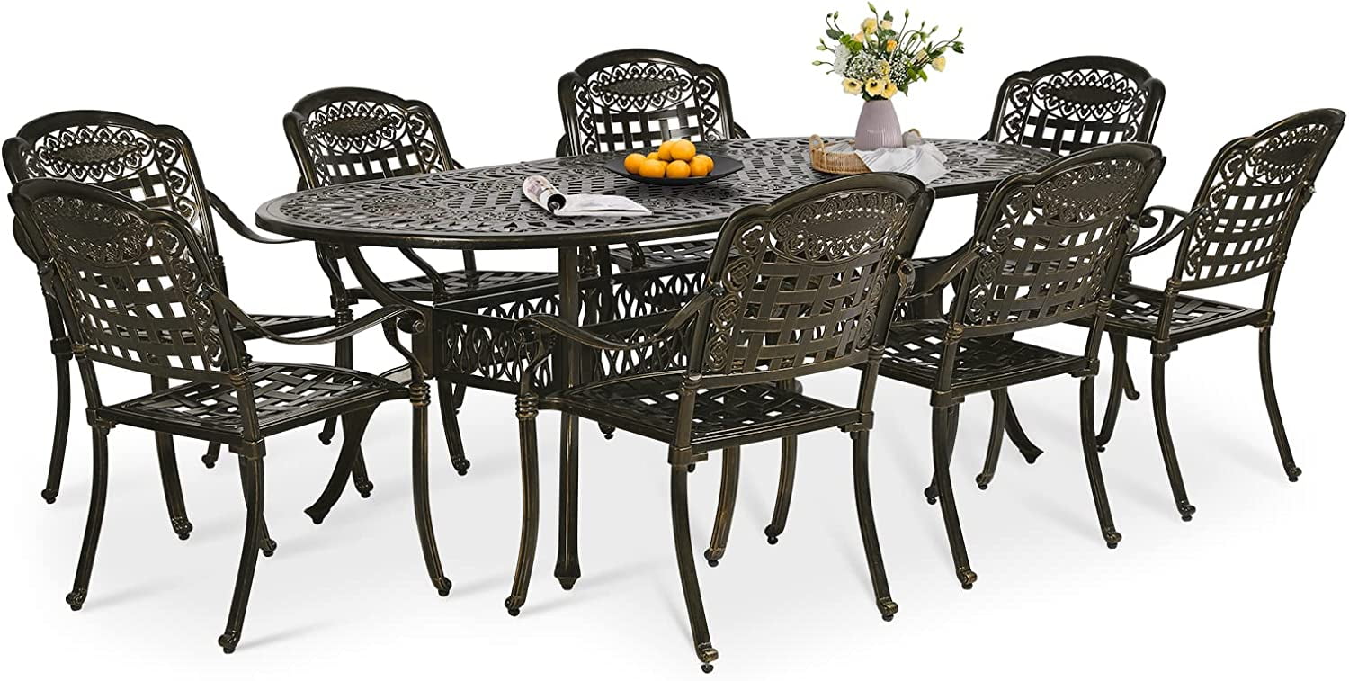 Dark Bronze 9-Piece Cast Aluminum Outdoor Dining Set with Umbrella Hole