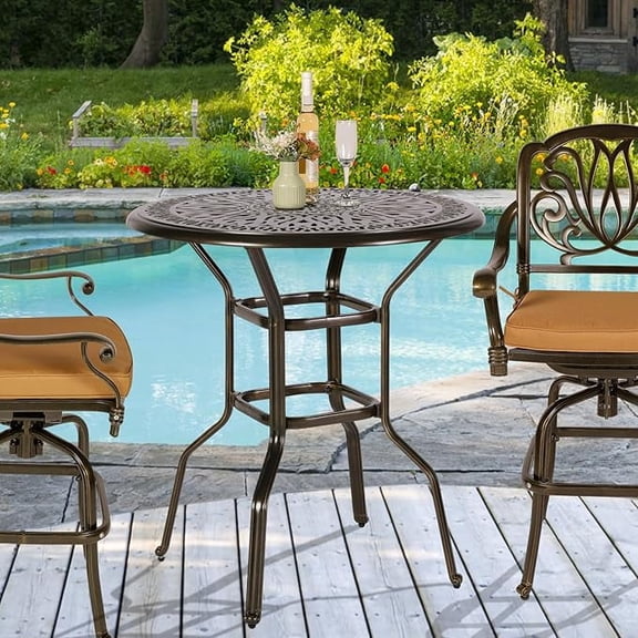 W WARMHOL Cast Aluminum Patio Bar Table, 35.4" Outdoor Bar Height Bistro Table with 2" Umbrella Hole, Patio Bistro Round High Top Dining Table Pub Table for Porch Balcony Backyard, Dark Bronze