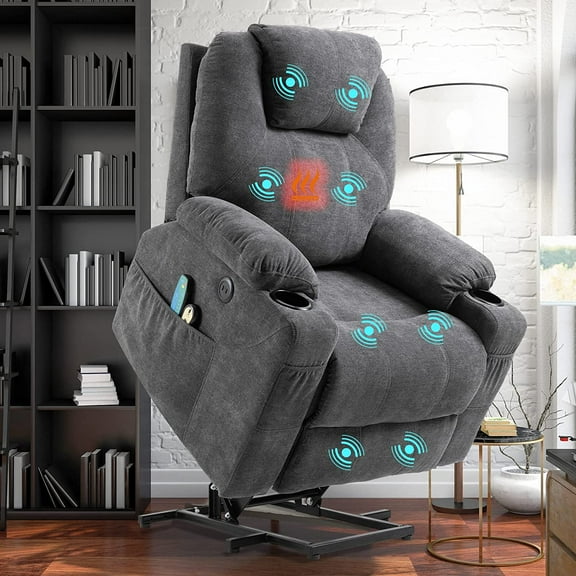 W WARMHOL Electric Power Lift Recliner Chair with Heat and Massage Lift Recliner for Elderly, Single Sofa recliners for Living Room with Cup Holders, 4 Pockets, USB Ports, Soft Fabric (Gray)