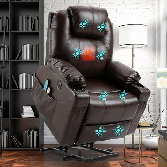 W WARMHOL Electric Power Lift Recliner Chair with Heat and Massage Lift Recliner for Elderly, Single Sofa recliners for Living Room with Cup Holders, 4 Pockets, USB Ports, Faux Leather (Brown)