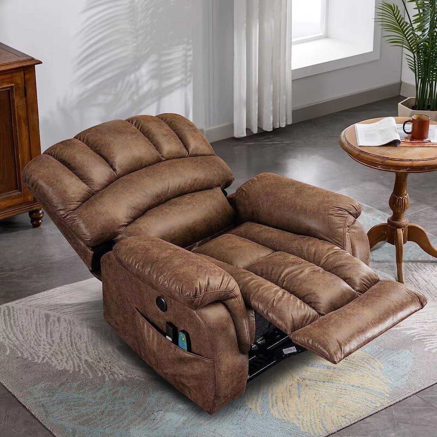 W WARMHOL Lay Flat Sleeping Dual Motor Electric Lift Recliner w/Heat Massage for Big People, Large Infinite Position Reclining Chair Up to 350 LBS for Living Room, 2 Remote Controls/USB Port, Brown