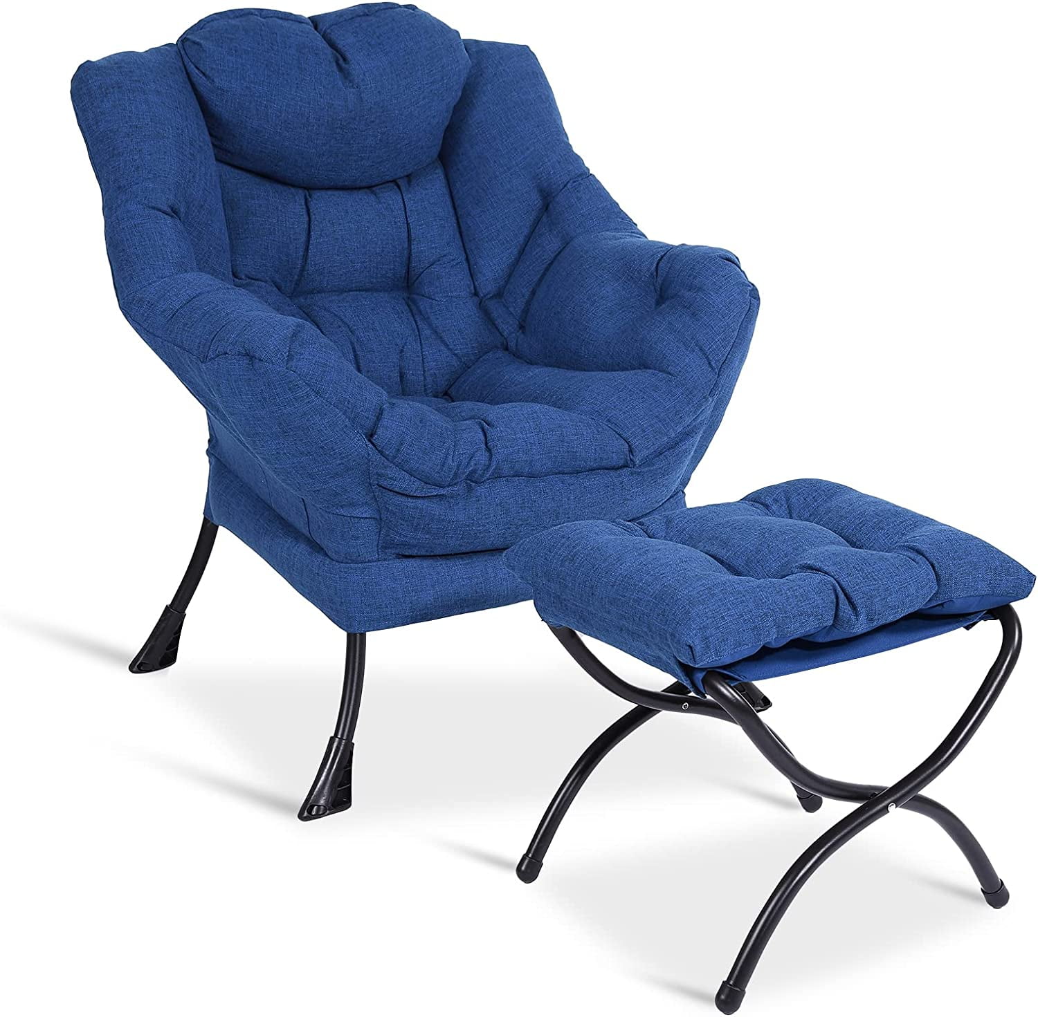 W WARMHOL Modern Cotton Fabric Lazy Chair with Ottoman, Blue (Set of 2)