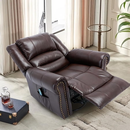 W WARMHOL Manual Massage Recliner with Heating Function, 360° Swivel Glider Rocking Recliner Chair for Living Room, Ergonomic Single Sofa Chair with Remote Control/USB Ports/Side Pockets(Dark Brown)