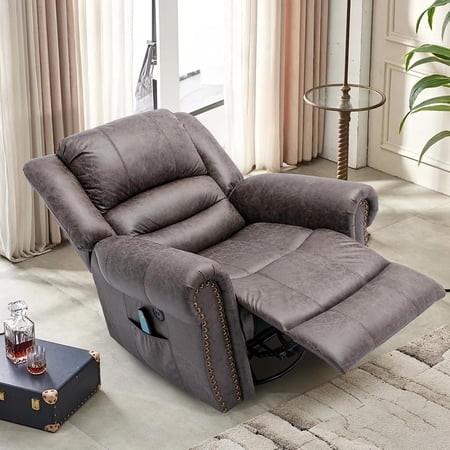W WARMHOL Manual Massage Recliner with Heating Function, 360° Swivel Glider Rocking Recliner Chair for Living Room, Ergonomic Single Sofa Chair with Remote Control/USB Ports/Side Pockets(Grey)