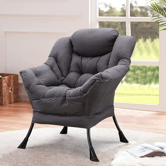 W WARMHOL Modern Velvet Lazy Chair with Side Pocket, Reclining Armchair, Steel Frame, Grey