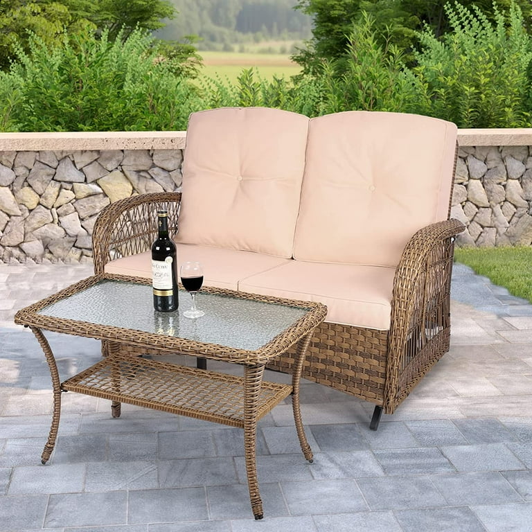 W WARMHOL Outdoor Glider Bench 2 Person Patio Swing Glider Rocking Chair with Glass Top Coffee Table Patio Glider Wicker Porch Loveseat Seating