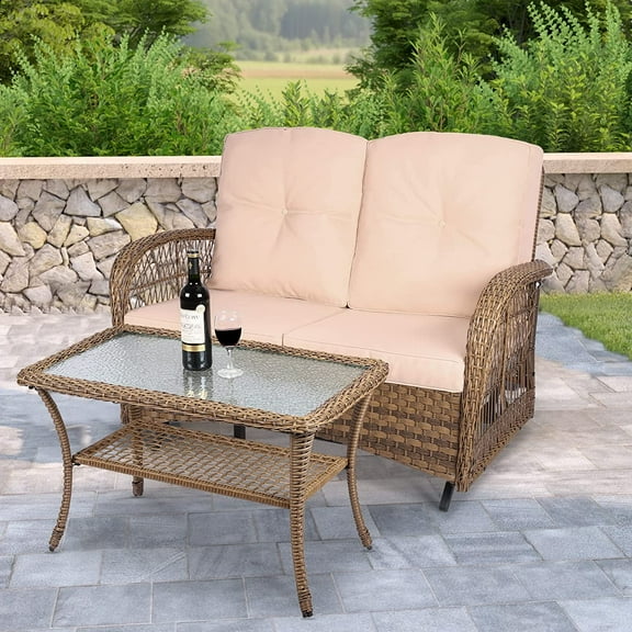 W WARMHOL RusticOutdoor Glider Loveseat Adult Patio Steel Frame Rocking Chair, Brown / Beige